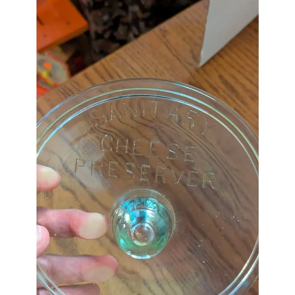 Vintage Clear Glass Round Sanitary Cheese Preserver Storage Container & Lid